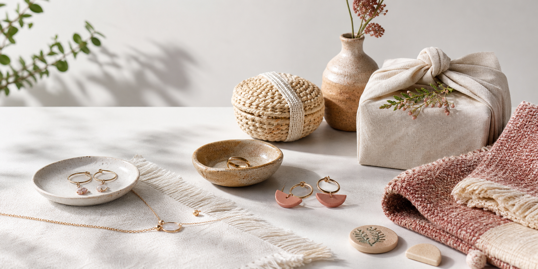 Home Handmade jewelry, ceramics, textiles, and gift-ready craft pieces arranged on a studio table.